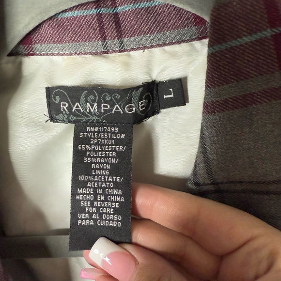 Rampage Gray and Red Plaid Trench Coat with Belt and Wide Lapels - Picture 10 of 10